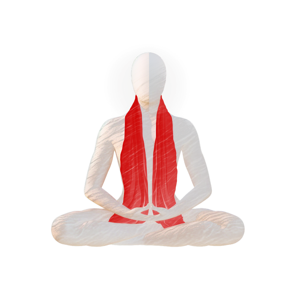 A faceless seated figure in stone with a red scarf